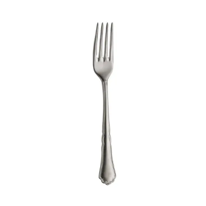 Glassware UK Pintinox Settecento Table Fork with stone-washed finish, close-up of stainless steel cutlery with textured handle.