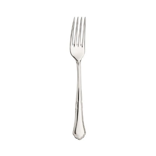 Glassware UK Pintinox Settecento table fork with mirror polish, showcasing a sleek, stainless steel cutlery design on a reflective surface.