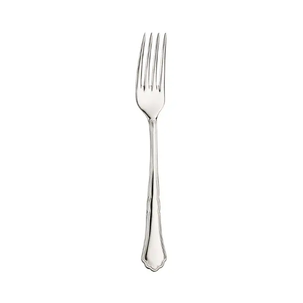 Mirror polish Pintinox Settecento table fork from Glassware UK, close-up of stainless steel cutlery with detailed handle design.