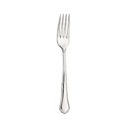 Mirror polish Pintinox Settecento table fork from Glassware UK, close-up of stainless steel cutlery with detailed handle design.