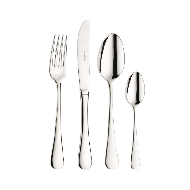 Glassware UK Pintinox Stresa tea spoon in cutlery set, showcasing its sleek stainless steel design and polished finish.
