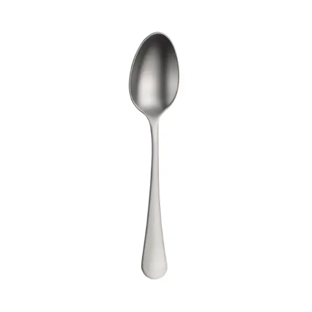 Stainless steel Pintinox Stresa Mystique tea spoon from Glassware UK, close-up of the elegant cutlery design on a white background.