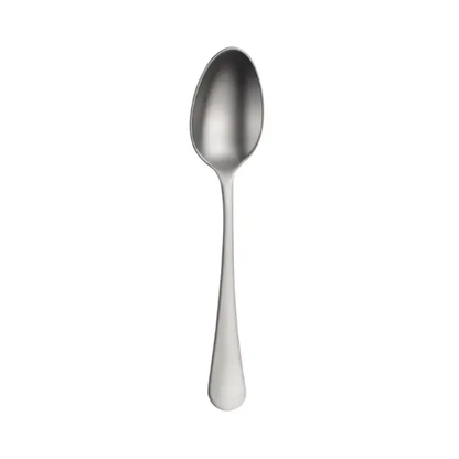 Stainless steel Pintinox Stresa Mystique tea spoon from Glassware UK, close-up of the elegant cutlery design on a white background.