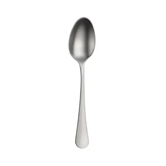 Stainless steel Pintinox Stresa Mystique tea spoon from Glassware UK, close-up of the elegant cutlery design on a white background.