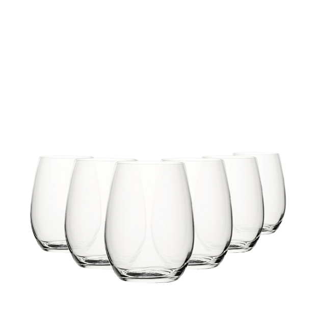 Set of six amber glass tumblers, 440ml capacity, by Glassware UK, showing stylish, durable drinkware with smooth, rounded rims.