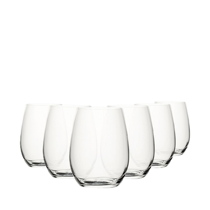 Set of six amber glass tumblers, 440ml capacity, by Glassware UK, showing stylish, durable drinkware with smooth, rounded rims.