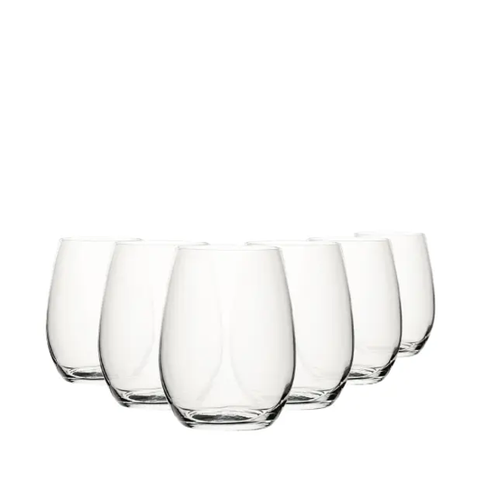 Set of six Amber Tumblers by Glassware UK, 440ml glass drinkware with a warm amber tint, arranged on a white surface.