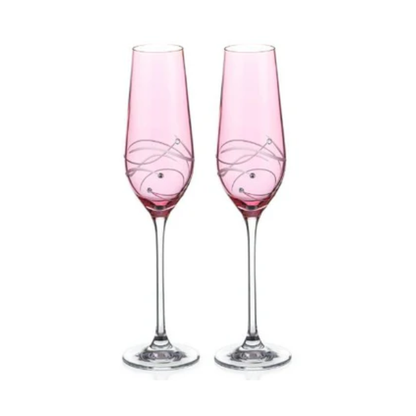 Set of 2 Glassware UK pink champagne flutes with spiral diamond-cut design in a gift box, elegant and stylish for special occasions.
