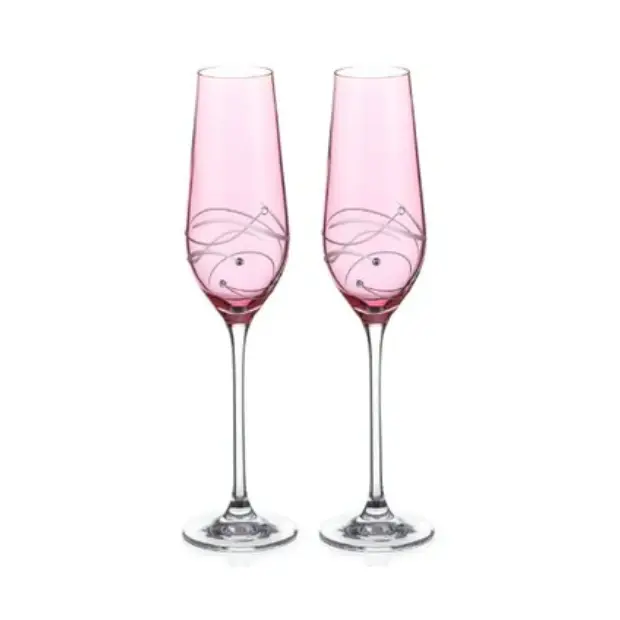 Set of two Glassware UK pink champagne flutes with spiral diamond-cut design, presented in a gift box.