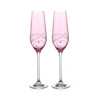 Set of two Glassware UK pink champagne flutes with spiral diamond-cut design, presented in a gift box.