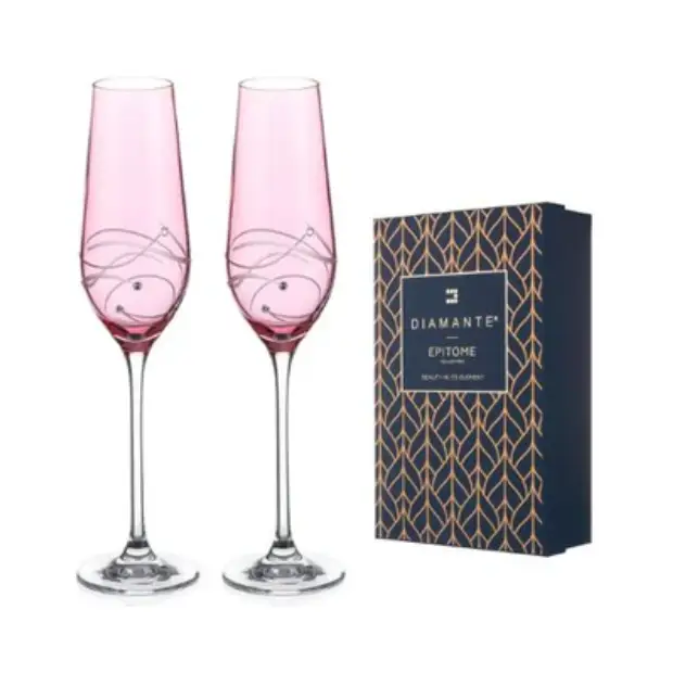 Set of two Diamante pink champagne flutes with spiral design from Glassware UK, showcased in a gift box.