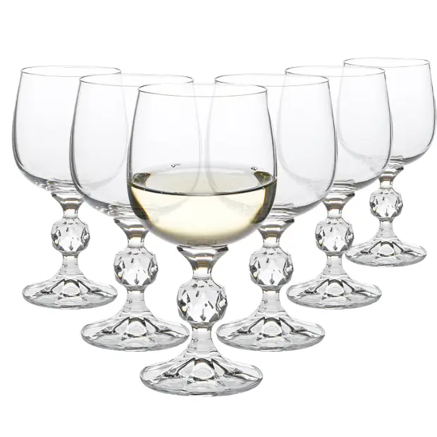 Six clear Claudia Crystalite wine glasses from Glassware UK, 190ml capacity, arranged on a table.