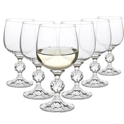 Six clear Claudia Crystalite wine glasses from Glassware UK, 190ml capacity, arranged on a table.