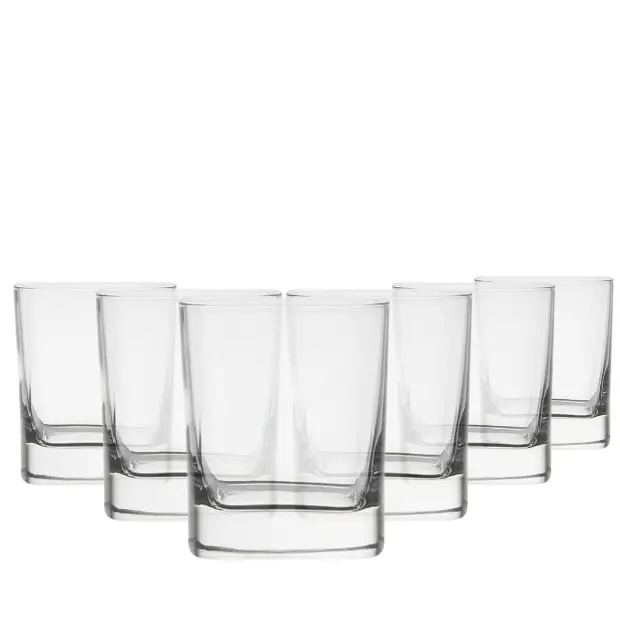 Set of six Luigi Bormioli Strauss whisky tumblers, 240ml glassware with clear, elegant design for whisky drinking.