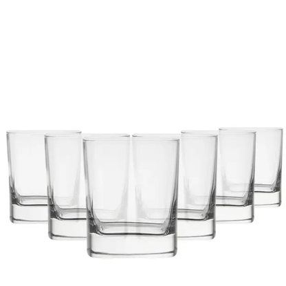 Set of six Luigi Bormioli Strauss whisky tumblers, 240ml glassware with clear, elegant design for whisky drinking.