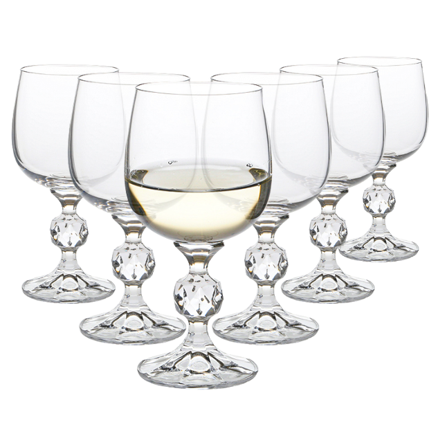Set of six Glassware UK Claudia Crystalite wine glasses, 190ml, clear glass with elegant stems and bowl, suitable for wine serving.