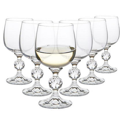 Set of six Glassware UK Claudia Crystalite wine glasses, 190ml, clear glass with elegant stems and bowl, suitable for wine serving.