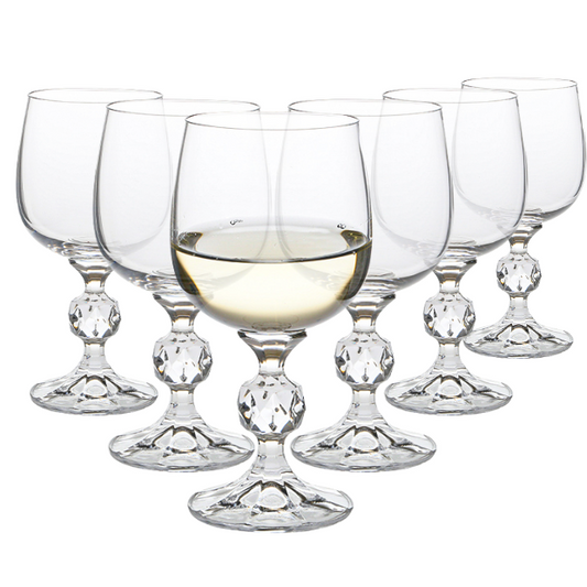Set of six Glassware UK Claudia Crystalite wine glasses, 190ml, clear glass with elegant stems and bowl, suitable for wine serving.