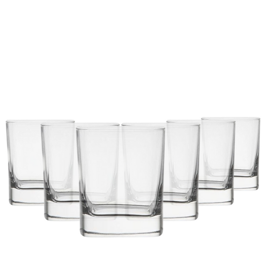 Set of six Luigi Bormioli square glass whisky tumblers with a 290ml capacity, featuring a sleek, modern design for whisky enjoyment.