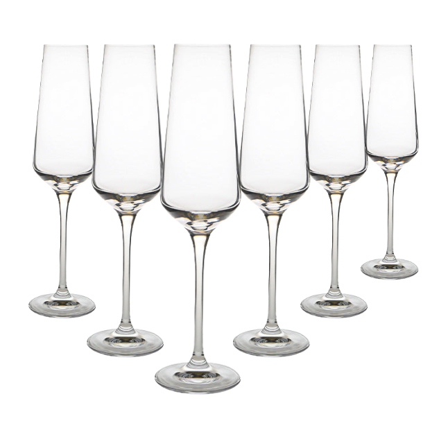 Set of six Krosno Avant-Garde champagne flutes, 180ml glassware with elegant, slender design for celebrating special occasions.