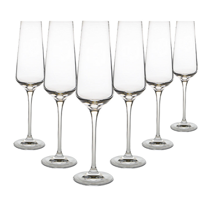 Set of six Krosno Avant-Garde champagne flutes, 180ml glassware with elegant, slender design for celebrating special occasions.