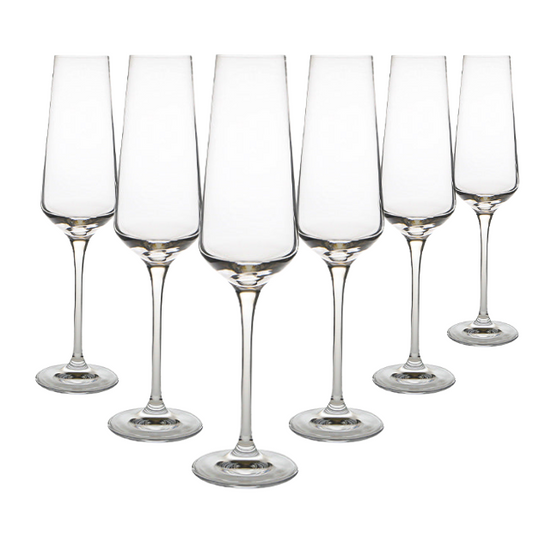 Set of six Krosno Avant-Garde champagne flutes, 180ml glassware with elegant, slender design for celebrating special occasions.