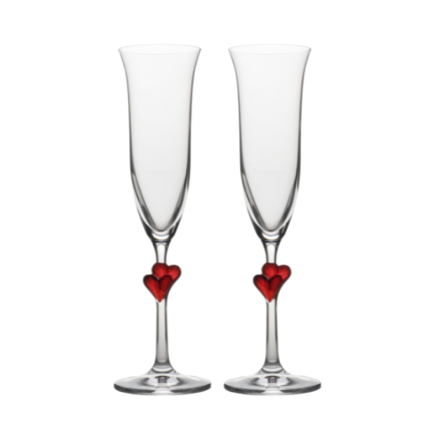 Set of two Stolzle Lausitz L'Amour Heart champagne flutes in a gift box, clear glass with heart-shaped design, elegant for celebrating.