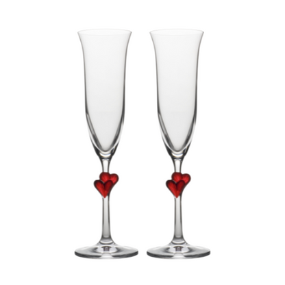 Set of two Stolzle Lausitz L'Amour Heart champagne flutes in a gift box, clear glass with heart-shaped design, elegant for celebrating.