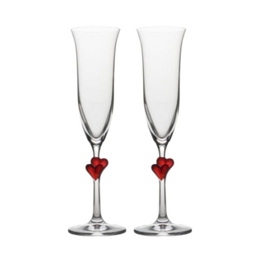 Set of two Stolzle Lausitz L'Amour Heart champagne flutes in a gift box, clear glass with heart-shaped design, elegant for celebrating.
