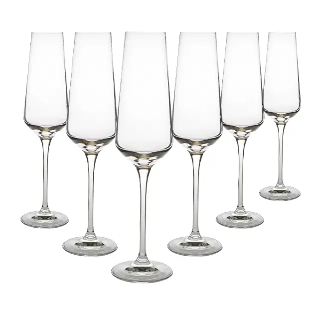 Set of six Krosno Avant-Garde 180ml champagne flutes with tall, slender design and clear glass for elegant beverage serving.