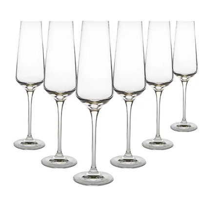 Set of six Krosno Avant-Garde 180ml champagne flutes with tall, slender design and clear glass for elegant beverage serving.