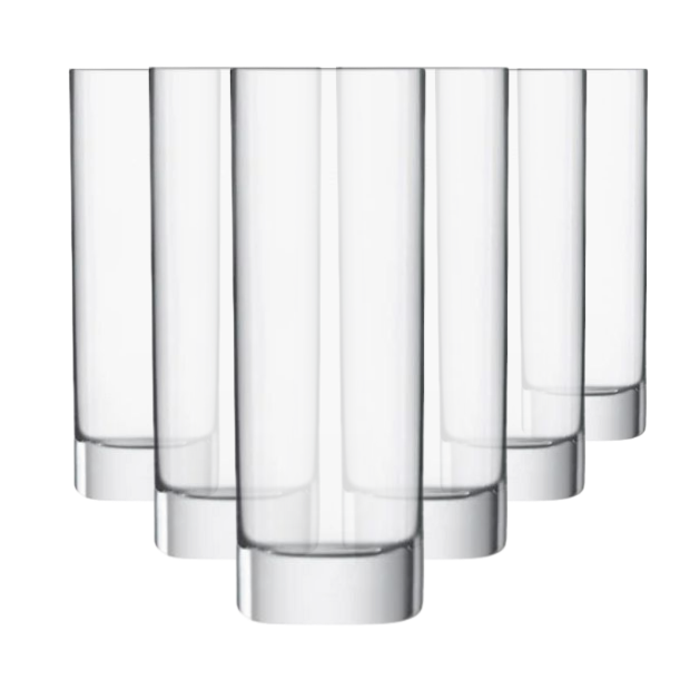 Set of six Luigi Bormioli Strauss highball whisky tumblers, 390ml glassware with clear, elegant design for beverages.