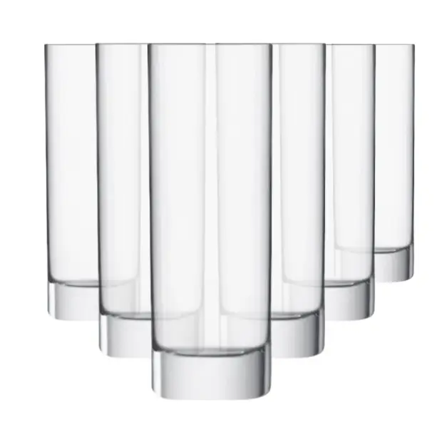 Set of six Luigi Bormioli Strauss highball glasses, 390ml whisky tumblers with clear glass and sleek design.