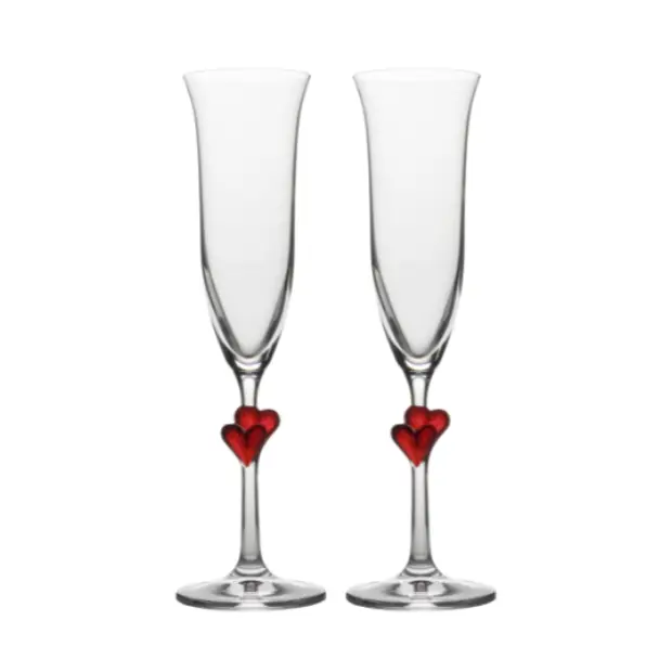 Set of two Stolzle Lausitz L'Amour Heart champagne flutes with elegant design, displayed in a gift box.