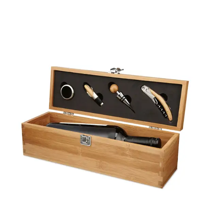 Glassware UK bamboo wine accessory gift set with corkscrew, wine stopper, and pourer on a wooden surface.