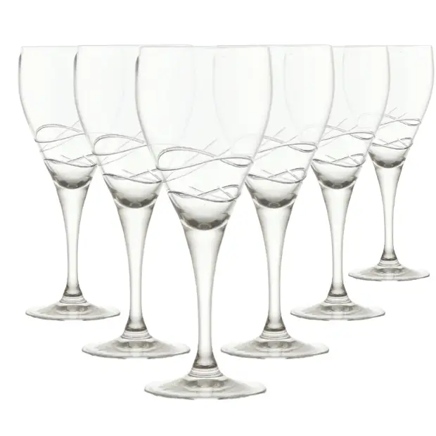 Six Turing Crystalite wine glasses with 280ml capacity, clear glassware from Glassware UK, displayed on a neutral background.