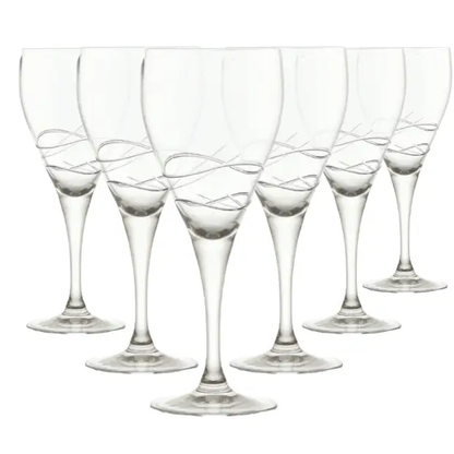 Six Turing Crystalite wine glasses with 280ml capacity, clear glassware from Glassware UK, displayed on a neutral background.