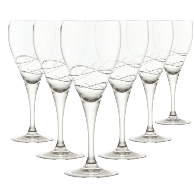 Set of six Turing Crystalite wine glasses by Glassware UK, 280ml capacity, clear glass with elegant shape, suitable for wine.