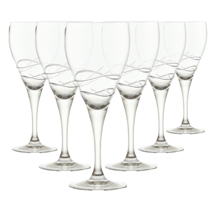 Set of six Turing Crystalite wine glasses by Glassware UK, 280ml capacity, clear glass with elegant shape, suitable for wine.