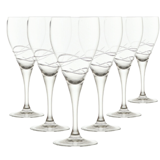 Set of six Turing Crystalite wine glasses by Glassware UK, 280ml capacity, clear glass with elegant shape, suitable for wine.