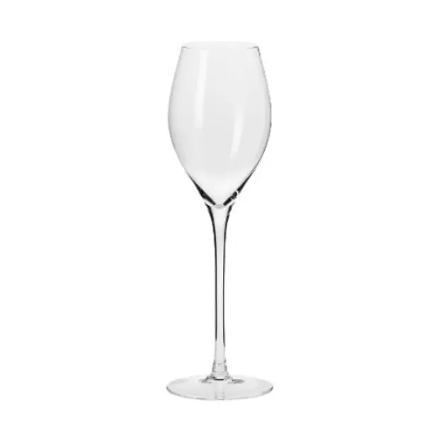 Six Krosno Avant-Garde Prosecco Champagne Flutes, 280ml, clear glassware set with tall, slender stems for elegant serving.