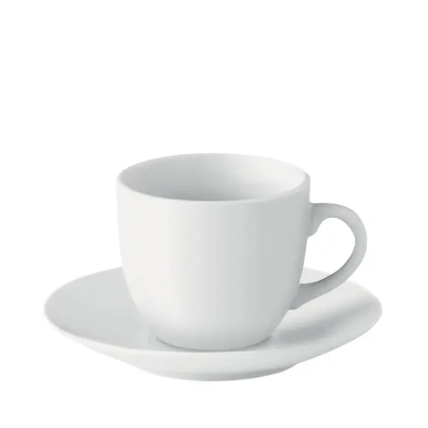 Set of two Glassware UK espresso cups with matching saucers, clear glass coffee glasses with rounded handles and smooth rims.