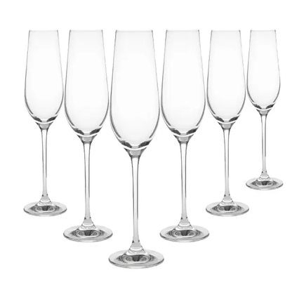 Set of six Glassware UK Harmony champagne flutes, 230ml, clear glass with elegant, slender design for sparkling wine.