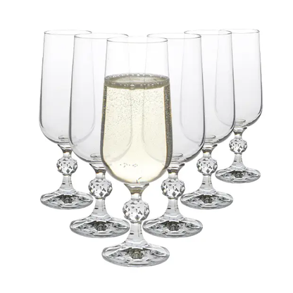Set of six Claudia Crystalite champagne flutes, 180ml glassware from UK, clear elegant glassware for celebratory drinks