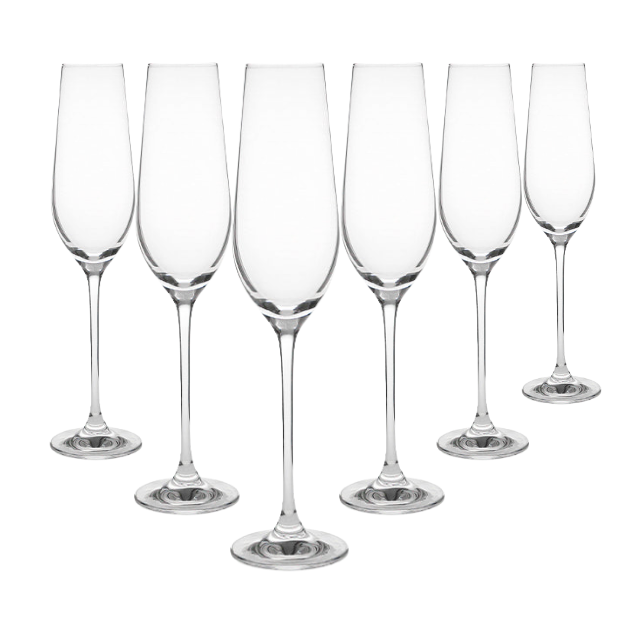 Set of six Harmony Champagne Flutes by Glassware UK, 230ml clear glass with elegant tall, slender design for sparkling drinks
