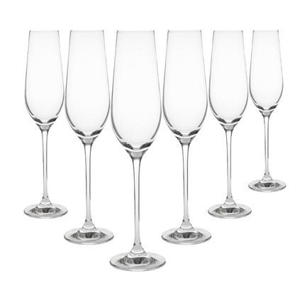 Set of six Harmony Champagne Flutes by Glassware UK, 230ml clear glass with elegant tall, slender design for sparkling drinks
