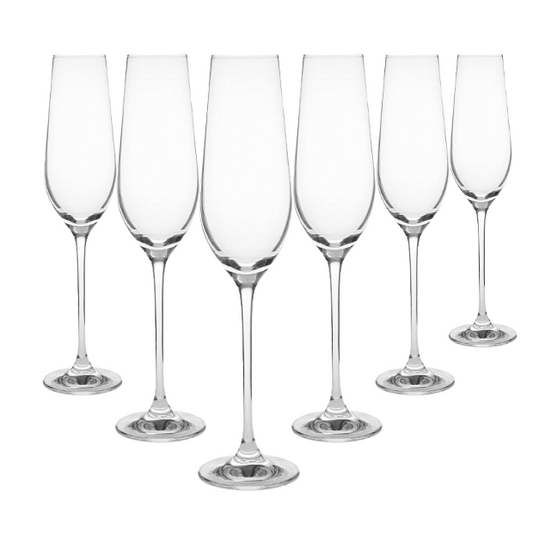 Set of six Harmony Champagne Flutes by Glassware UK, 230ml clear glass with elegant tall, slender design for sparkling drinks