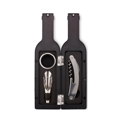 Glassware UK wine accessories set in a wine-shaped gift box, featuring wine stoppers, pourers, and tasting accessories.