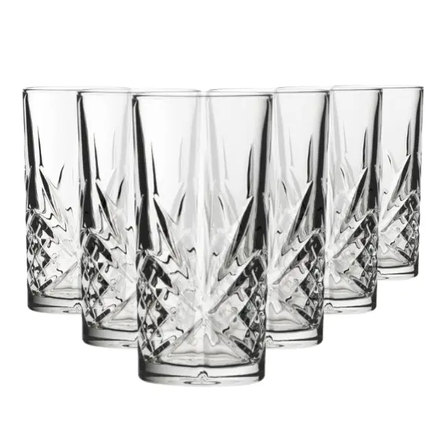Set of six Timeless Fully Cut Highball Glasses, 300ml whisky tumblers with intricate cut patterns by Glassware UK.