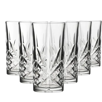 Set of six Timeless Fully Cut Highball Glasses, 300ml whisky tumblers with intricate cut patterns by Glassware UK.